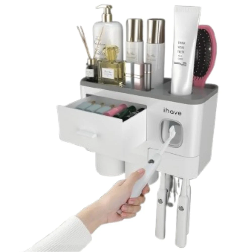 IHave 2 Cups Wall Mounted Toothbrush Holder With Toothpaste Dispenser